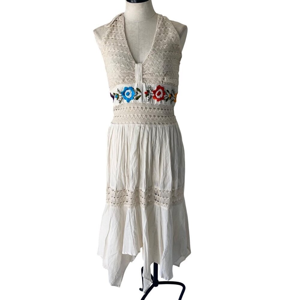Vintage Womens Dress Size Medium Cream Embroidered Halter Maxi Mexican